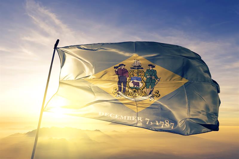 Delaware State Flag flies in the wind with the sun setting behind it.