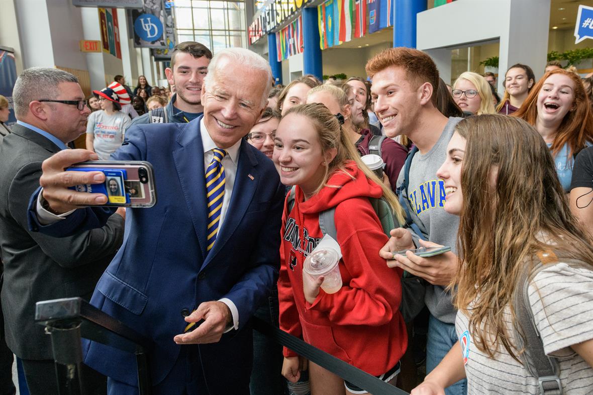 Joe Biden with students at the Make It Count National Voter Registration Day rally.