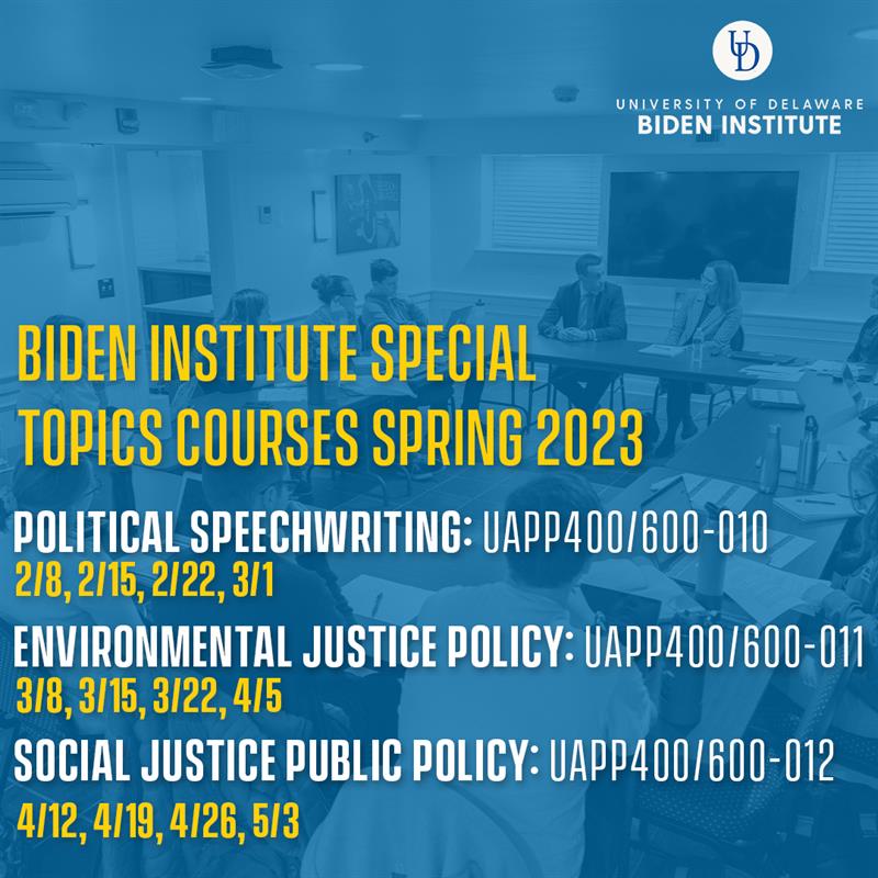 three courses: Political Speechwriting, Environmental Justice Policy, and Social Justice Policy.