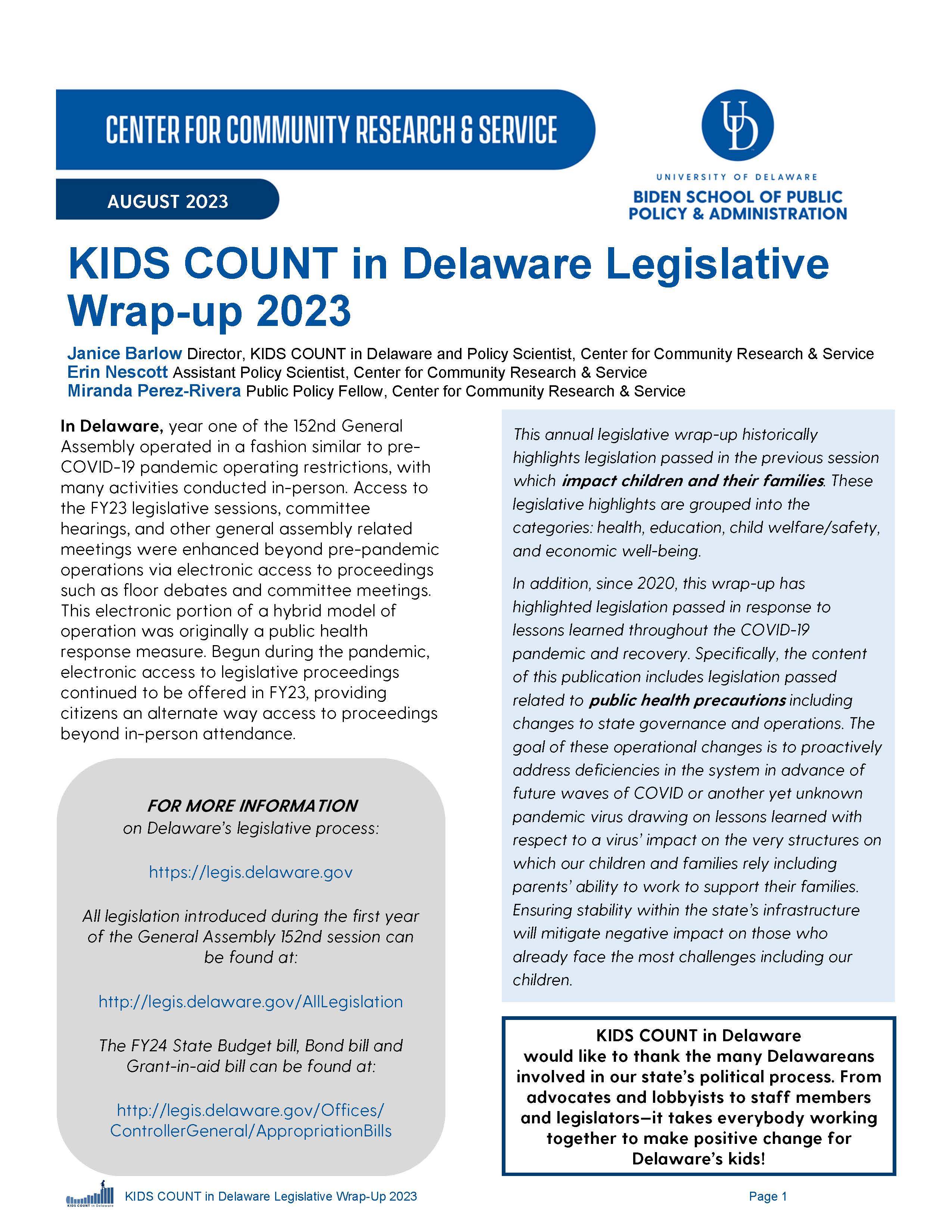 KIDS COUNT in Delaware Legislative Wrap-up 2023