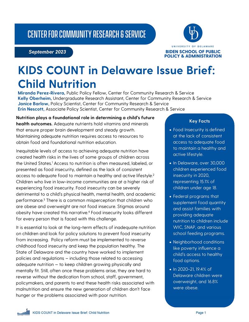 KIDS COUNT in Delaware Issue Brief: Child Nutrition