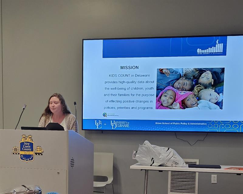 Erin Nescott presented data on children and youth homelessness at the first annual Delaware Convening on Youth Homelessness