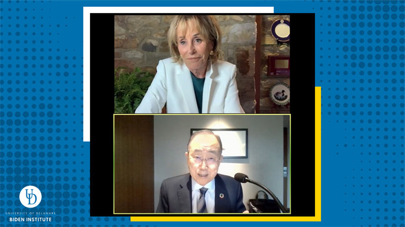 Screenshot from event featuring Ban Ki-moon and Valerie Biden Owens.