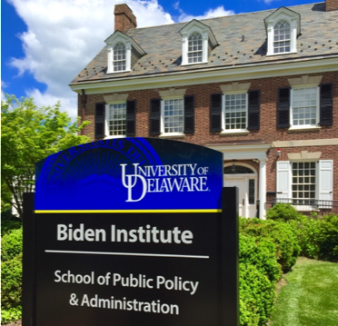 The sign outside of the Biden Institute in the School of Public Policy and Administration at the University of Delaware.