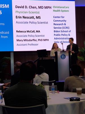 CCRS Associate Policy Scientist Erin Nescott and Christiana Care clinician Dr. David Chen at 2023 Data Science Symposium