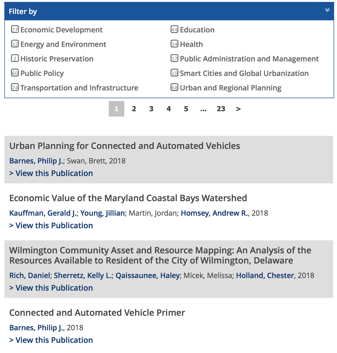 This screen capture of the IPA Publications Database showcases its toggle-activated filter feature as well as a list of current publications on the website.