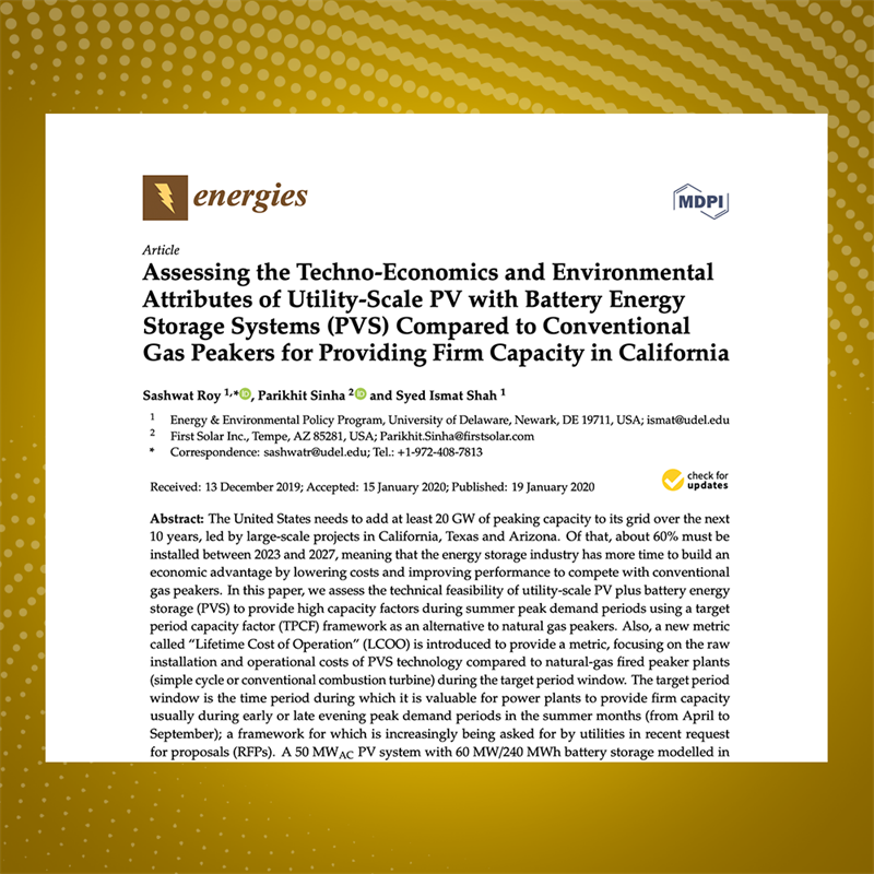 Screenshot of paper title: Assessing the Techno-Economics and Environmental Attricutes of Utility-Scale PV with Battery Energy Storage Systems (PVS) Compared to Conventioanl Gas Peakers for Providing Firm Capacity in California.