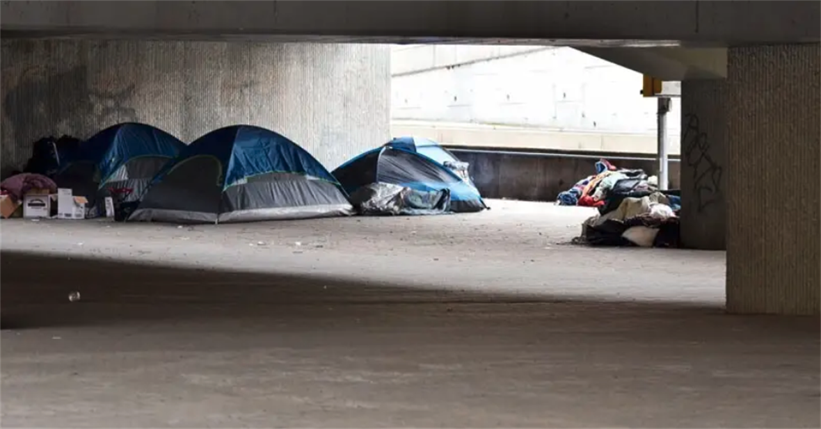 An encampment of tents under an overpass.