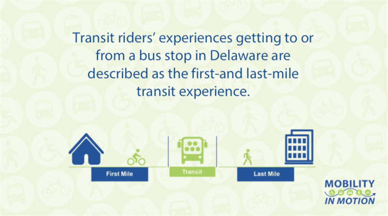 Transit riders' experiences getting to or from a bus stop in Delaware are described as the first-and-last-mile transit experience.