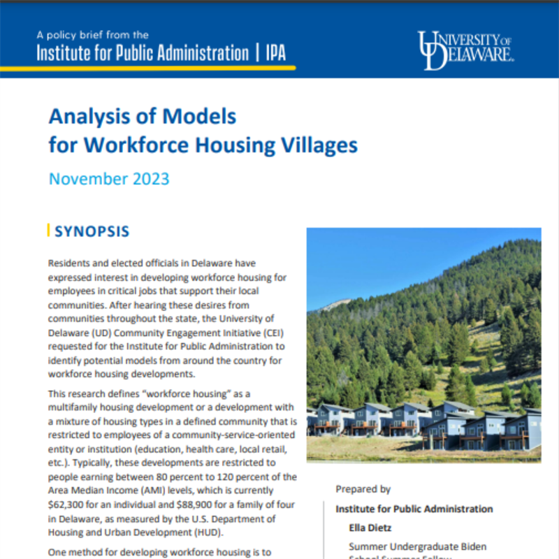 Front cover photo of the IPA policy brief titled, Analysis of Models for Workforce Housing Villages