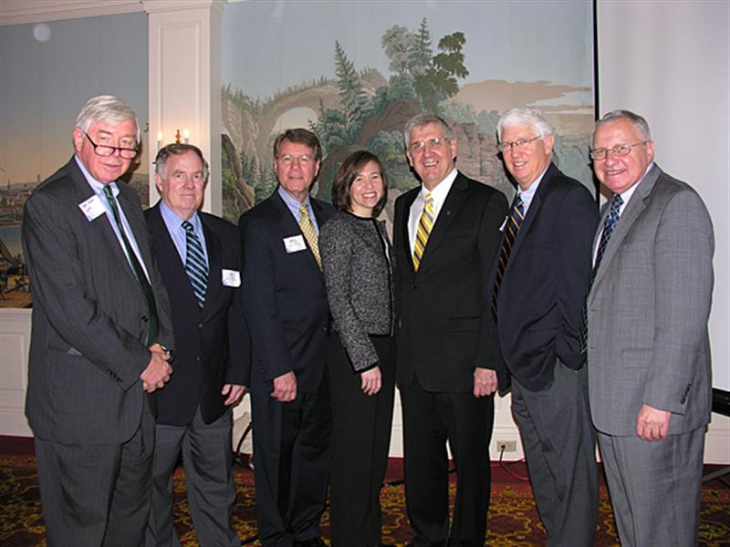 Among those attending the "How Delaware Compares" event were, from left, John Taylor of the Delaware Public Policy Institute; Edward Ratledge, director of UD's Center for Applied Demography and Research Study; William Latham of UD's Center for Applied Business and Economic Research; Lisa Moreland of UD's Institute for Public Administration; Jerome Lewis of the Institute for Public Administration; Kenneth Lewis of the Center for Applied Business and Economic Research; and Dan Rich, University Professor of Public Policy and a DPPI board member.