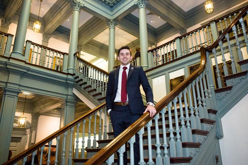 Eric Hastings in Delawares Legislative Hall in Dover, where he assisted the General Assembly as a UD Legislative Fellow during the session that ended June 30.