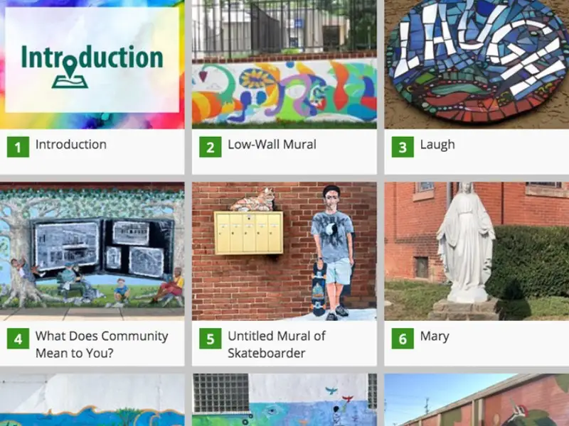 Screen shot of the GIS Story map shows examples of art throughout the city.