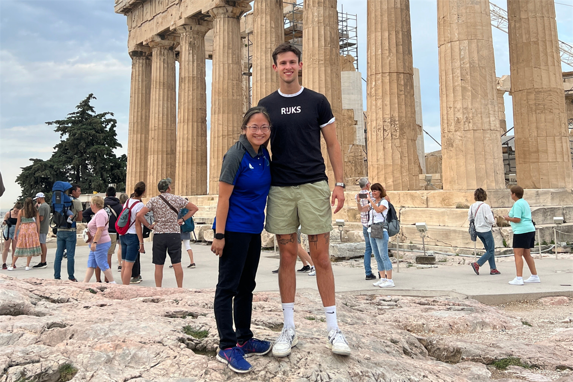 SNF Student Leaders Jenna DeMaio and Simon Brand tour the ruins of the ancient acropolis in Athens, Greece.