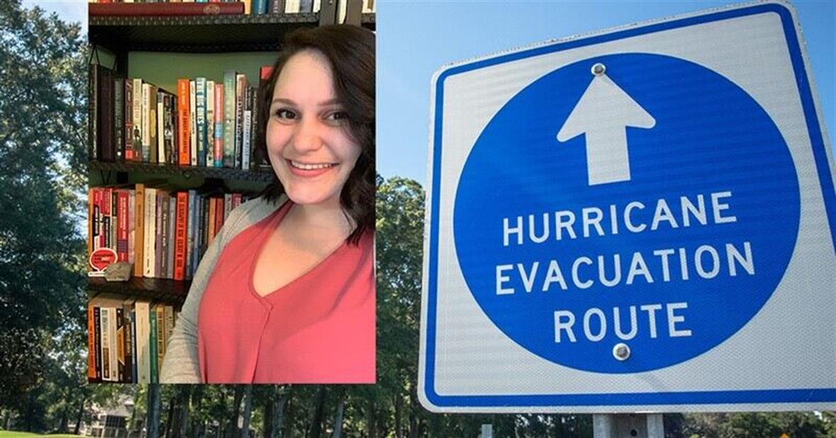 Photo of Logan Gerber-Chavez on the left with her book collection, and a sign that reads "Hurricane Evacuation Route" on the right.