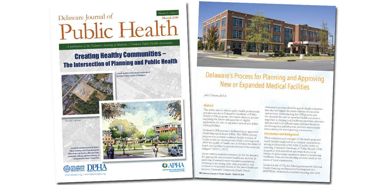 Two snapshots of the Delaware Journal of Public Health's front page, as well as the page where Julia O'Hanlon's article appears.