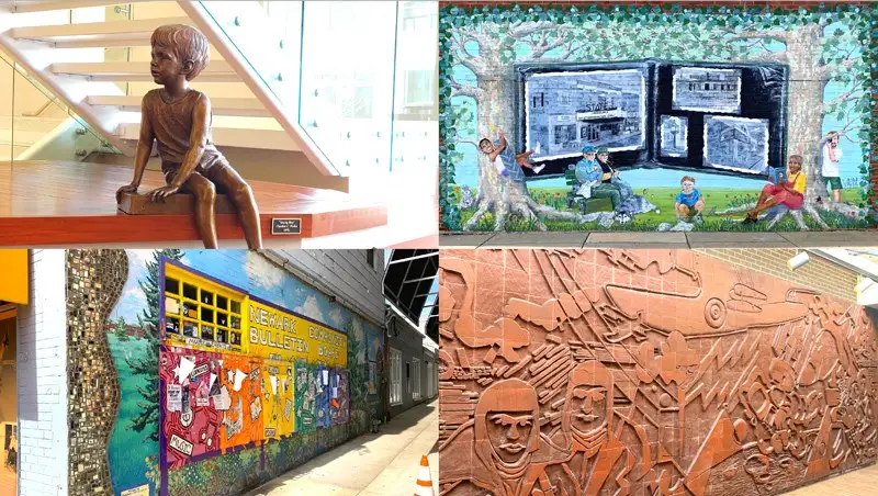 A bronze statue, a painted mural, and glass mozaic, and a carved mural are all examples of public art in Newark.