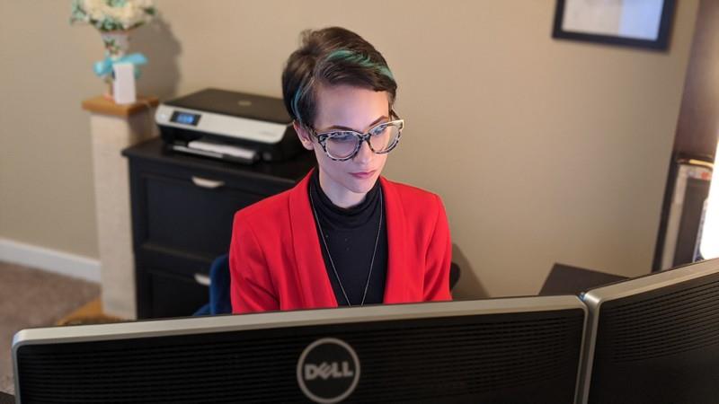 Virginia Berndt works at computer monitors.