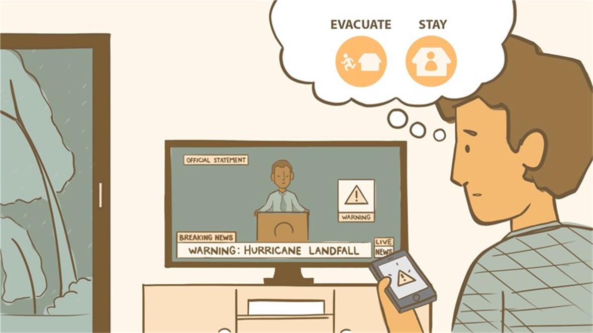 A drawing of a person reviewing emergency alerts on television and a phone screen. Their thought bubble shows the options "evacuate" or "stay."