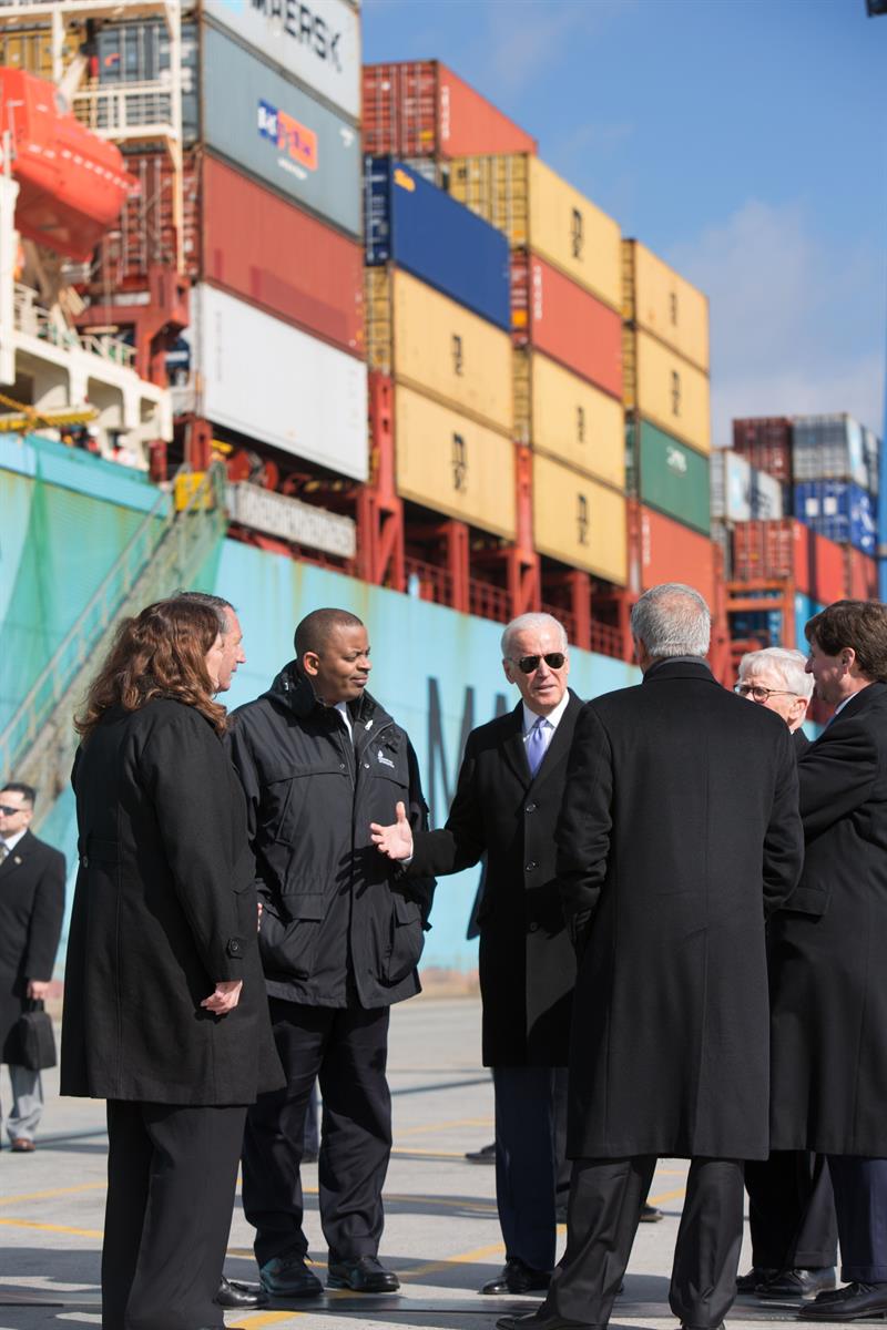 Vice President Joe Biden and Secretary of Transportation Anthony Foxx tour the port of Charleston, South Carolina, Feb. 18, 2015.